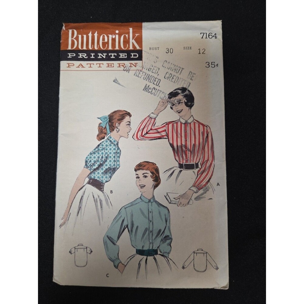 Butterick 7164 Ladies Tailored Blouse Sewing Pattern Size 12 Bust 30 Cut 1950s